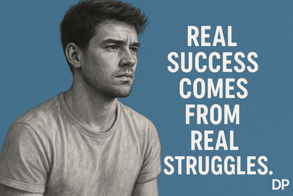 A grayscale image of an anonymous everyday person (teacher, athlete, or young creator). Display a motivational quote like: “Real success comes from real struggles.” Blue background and your website’s “DP” logo in the corner.